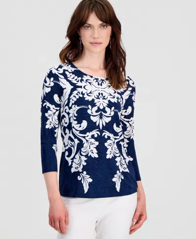Jm Collection Women's Printed 3/4 Sleeve Scoop-neck Jacquard Top, Macy's Exclusive In Blue