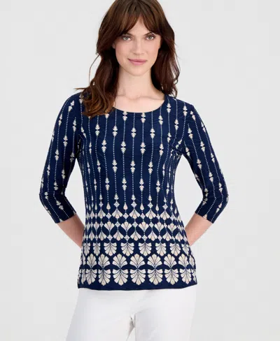 Jm Collection Womens Printed 3 4 Sleeve Scoop Neck Jacquard Top Macys Exclusive In Blue