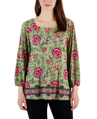Jm Collection Women's Printed 3/4 Sleeve Square-neck Top, Created For Macy's In Luau Green Combo