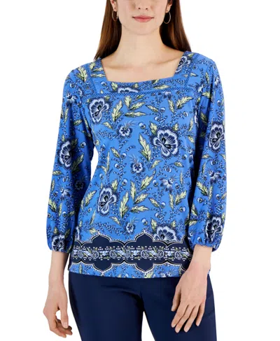 Jm Collection Women's Printed 3/4 Sleeve Square-neck Top, Created For Macy's In Watery Blue Combo
