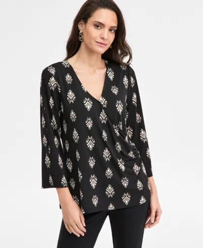 Jm Collection Women's Printed 3/4-sleeve Surplice Top, Macy's Exclusive In Black