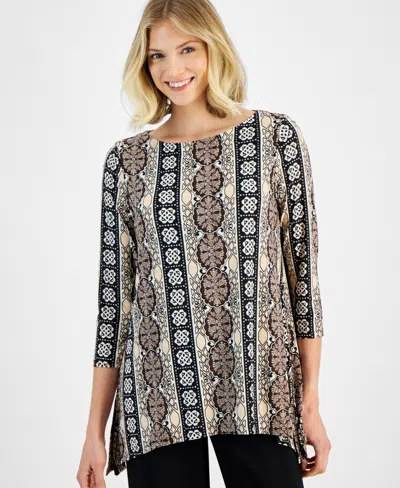 Jm Collection Women's 3/4 Sleeve Printed Jacquard Swing Top, Created For Macy's In Deep Black Cb