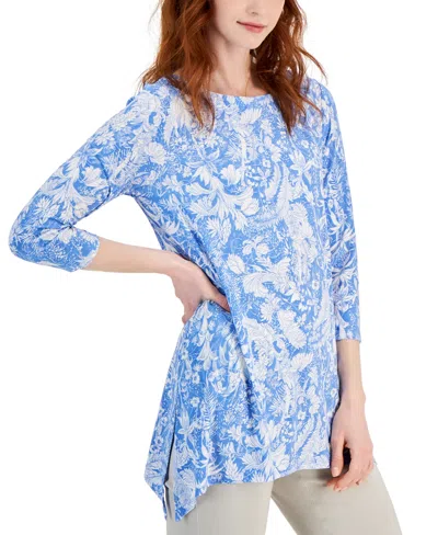 Jm Collection Women's Printed 3/4-sleeve Swing Top, Created For Macy's In Watery Blue Combo