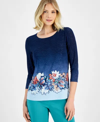 Jm Collection Women's Printed 3/4-sleeve Top, Created For Macy's In Intrepid Blue Combo