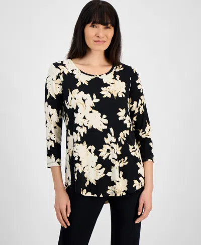 Jm Collection Women's Printed 3/4-sleeve Top, Exclusively At Macy's In Deep Black