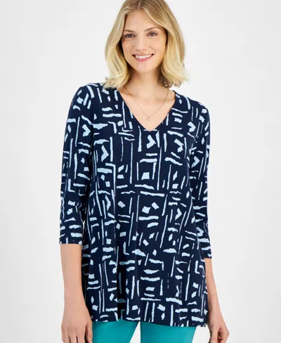 Jm Collection Women's Printed 3/4-sleeve Tunic Top, Created For Macy's In Intrepd Blue Cb