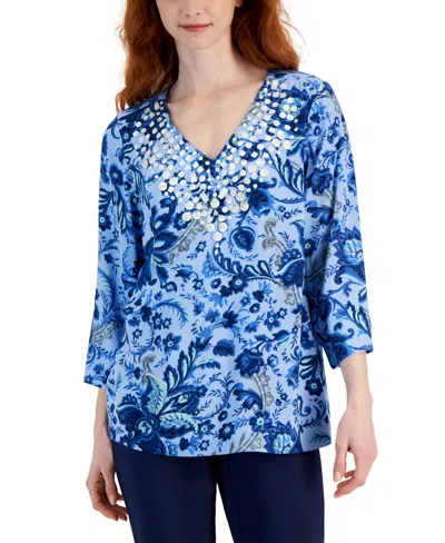Jm Collection Women's Printed 3/4 Sleeve V-neck Embellished Top, Created For Macy's In Watery Blue Combo