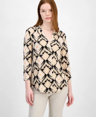 Jm Collection Women's Printed 3/4 Sleeve V-neck Knit Top, Exclusively At Macy's