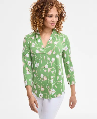 Jm Collection Women's Printed 3/4 Sleeve V-neck Knit Top, Exclusively At Macy's In Green
