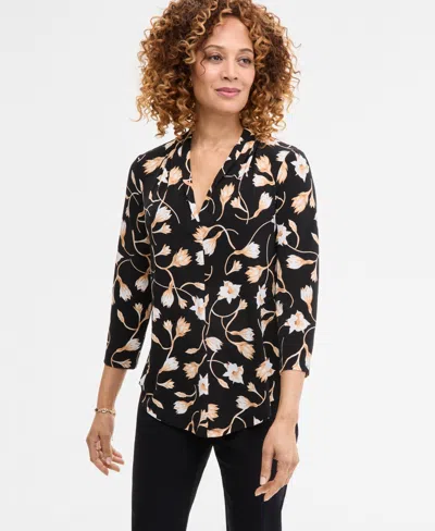 Jm Collection Women's Printed 3/4 Sleeve V-neck Knit Top, Exclusively At Macy's
