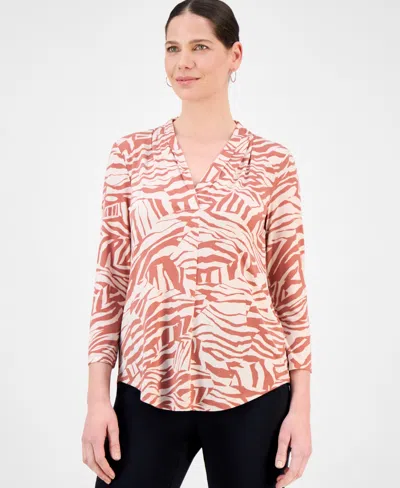 Jm Collection Women's Printed 3/4 Sleeve V-neck Knit Top, Exclusively At Macy's In Neutral