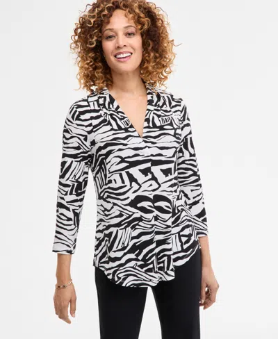 Jm Collection Women's Printed 3/4 Sleeve V-neck Knit Top, Exclusively At Macy's In Black