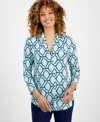 Jm Collection Women's Printed 3/4 Sleeve V-neck Knit Top, Exclusively At Macy's In Blue