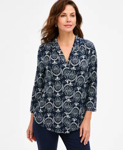 Jm Collection Women's Printed 3/4 Sleeve V-neck Knit Top, Macy's Exclusive In Blue