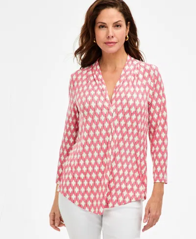 Jm Collection Women's Printed 3/4 Sleeve V-neck Knit Top, Macy's Exclusive In Pink
