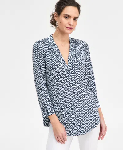 Jm Collection Women's Printed 3/4 Sleeve V-neck Knit Top, Macy's Exclusive In Blue