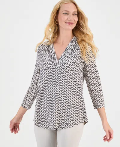 Jm Collection Women's Printed 3/4 Sleeve V-neck Knit Top, Macy's Exclusive In Gray