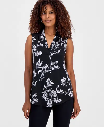 Jm Collection Women's Printed 3/4 Sleeve V-neck Knit Top, Macy's Exclusive In Black