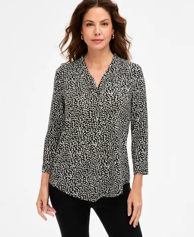 Jm Collection Women's Printed 3/4 Sleeve V-neck Knit Top, Macy's Exclusive In Black