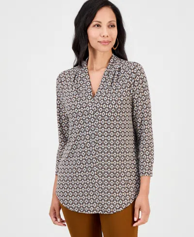 Jm Collection Women's Printed 3/4 Sleeve V-neck Knit Top, Macy's Exclusive In Gray