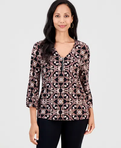 Jm Collection Women's Printed 3/4 Sleeve Zip-front Top, Macy's Exclusive In Deep Black