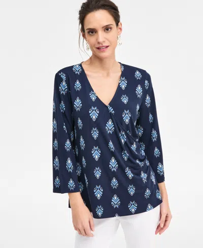 Jm Collection Women's Printed 3/4-sleeve Surplice Top, Macy's Exclusive In Blue