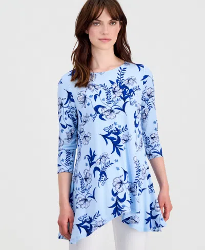 Jm Collection Women's Printed 3/4-sleeve Swing Knit Top, Macy's Exclusive In Blue