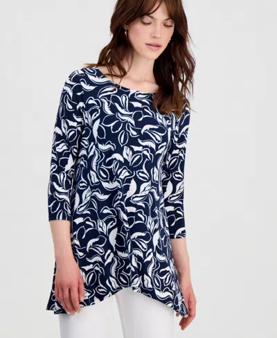 Jm Collection Women's Printed 3/4-sleeve Swing Knit Top, Macy's Exclusive In Blue