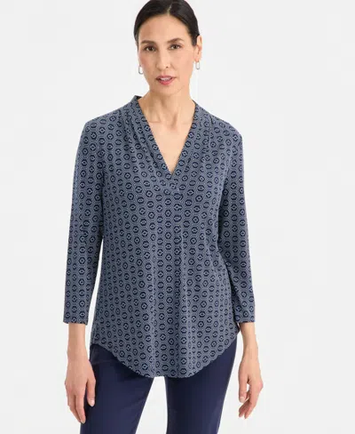 Jm Collection Women's Printed 3/4-sleeve V-neck Top, Macy's Exclusive In Blue