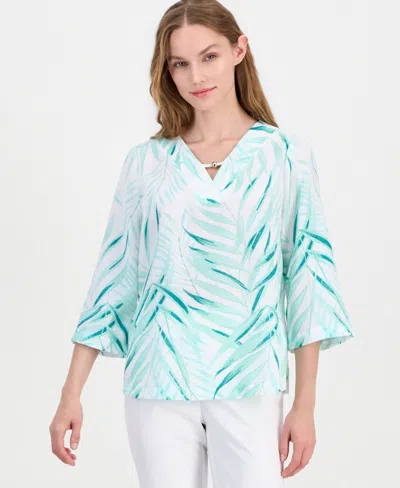 Jm Collection Women's Printed 3/4-sleeve V-neck Top, Macy's Exclusive In White