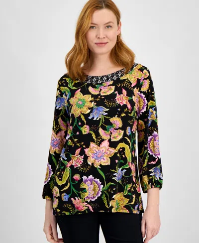 Jm Collection Women's Printed Jacquard Swing Top, Exclusively At Macy's In Deep Black