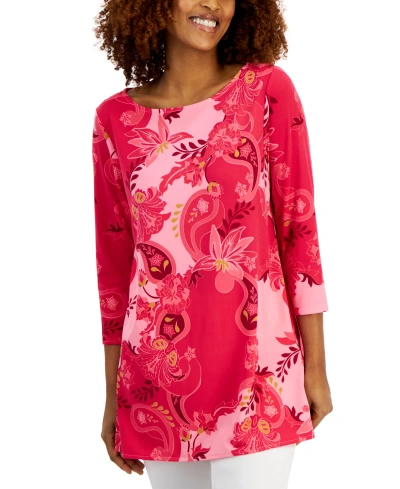 Jm Collection Women's Printed Boat-neck Tunic Top, Created For Macy's In Claret Rose Combo