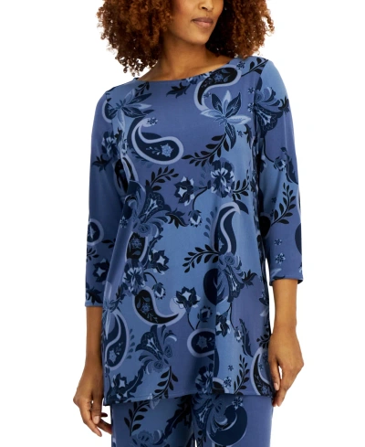 Jm Collection Women's Printed Boat-neck Tunic Top, Created For Macy's In Intrepid Blue Combo