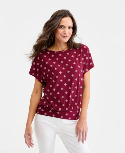Jm Collection Women's Printed Boatneck Banded-bottom Knit Top, Macy's Exclusive In Burgundy