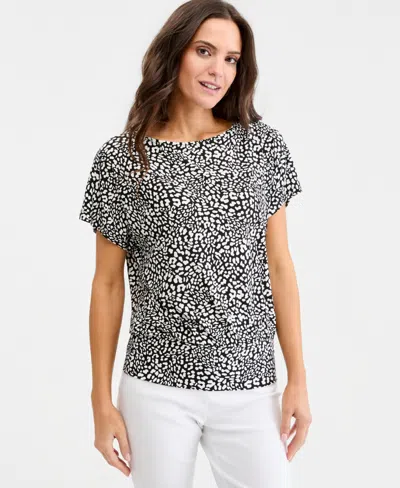 Jm Collection Women's Printed Boatneck Banded-bottom Knit Top, Macy's Exclusive In Black