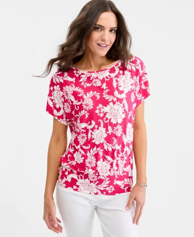 Jm Collection Women's Printed Boatneck Banded-bottom Knit Top, Macy's Exclusive In Pink
