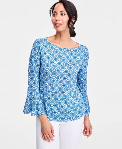 Jm Collection Women's Printed Boat-neck Bell-sleeve Top, Macy's Exclusive In Blue