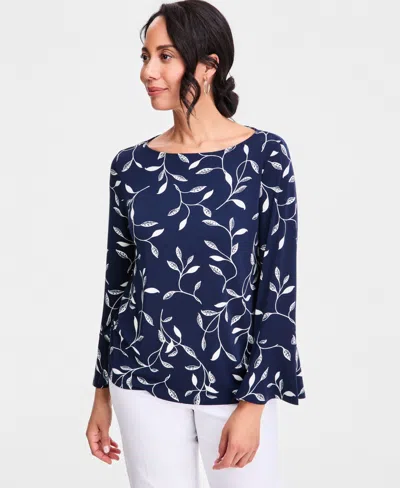 Jm Collection Women's Printed Boat-neck Bell-sleeve Top, Macy's Exclusive In Multi