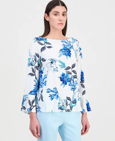 Jm Collection Women's Printed Boat-neck Bell-sleeve Top, Macy's Exclusive In Blue