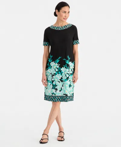 Jm Collection Women's Printed Border Embellished Boat-neck Knit Dress, Macy's Exclusive In Multi