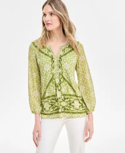 Jm Collection Women's Printed Chiffon Sleeve Rhinestone Split-neck Top, Exclusively At Macy's In Green