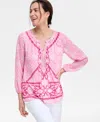 Jm Collection Women's Printed Chiffon Sleeve Rhinestone Split-neck Top, Exclusively At Macy's In Pink