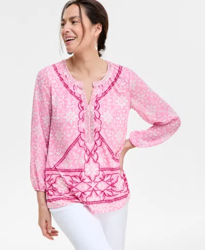 Jm Collection Women's Printed Chiffon Sleeve Rhinestone Split-neck Top, Exclusively At Macy's In Pink