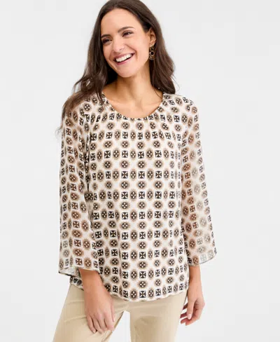 Jm Collection Women's Printed Chiffon-sleeve Gathered-neck Top, Macy's Exclusive In Neutral