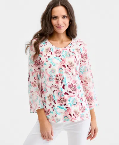 Jm Collection Women's Printed Chiffon-sleeve Gathered-neck Top, Macy's Exclusive In Multi
