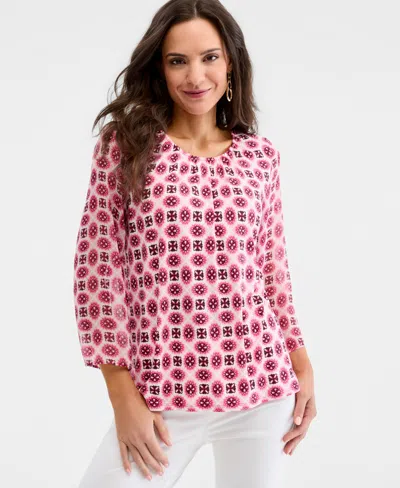 Jm Collection Womens Printed Chiffon Sleeve Gathered Neck Top Macys Exclusive In Pink