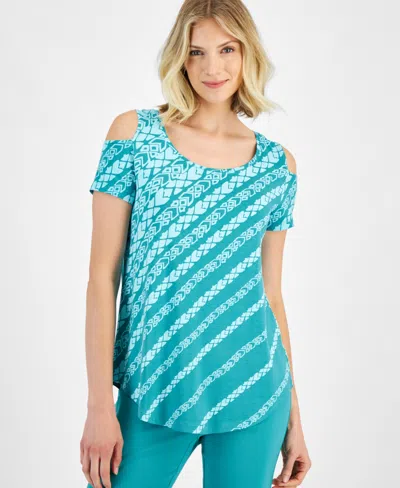 Jm Collection Women's Printed Cold Shoulder Short-sleeve Top, Created For Macy's In Amalfi Blue Cb