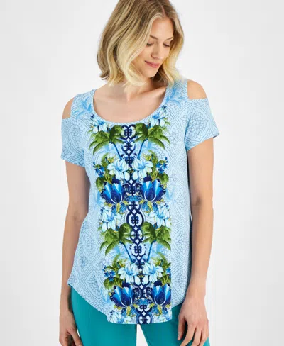 Jm Collection Women's Printed Cold-shoulder Short-sleeve Top, Created For Macy's In Bayswater Combo