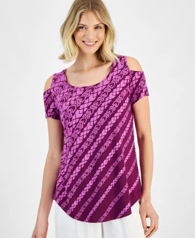 Jm Collection Women's Printed Cold Shoulder Short-sleeve Top, Created For Macy's In Ray Violet Cb