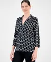 Jm Collection Women's Printed Collared 3/4-sleeve Top, Exclusively At Macy's In Black